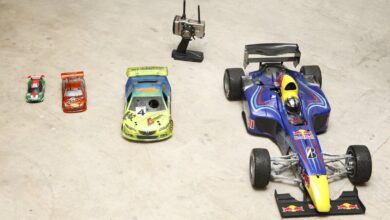 Coches de radiocontrol de varias escalas alineados junto a una emisora
