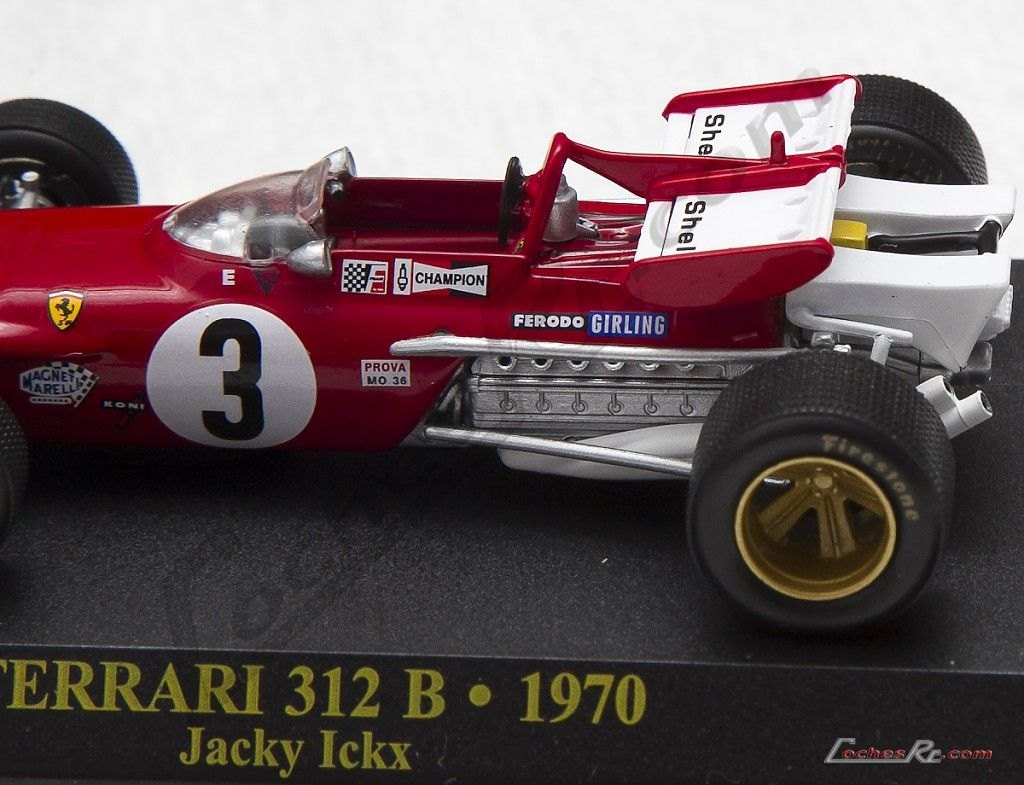 Miniatura del Ferrari 312 B de 1970 de Jacky Ickx con el aleron trasero muy adelantado