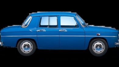 Perfil del Renault 8 Gordini azul con sus dos bandas blancas