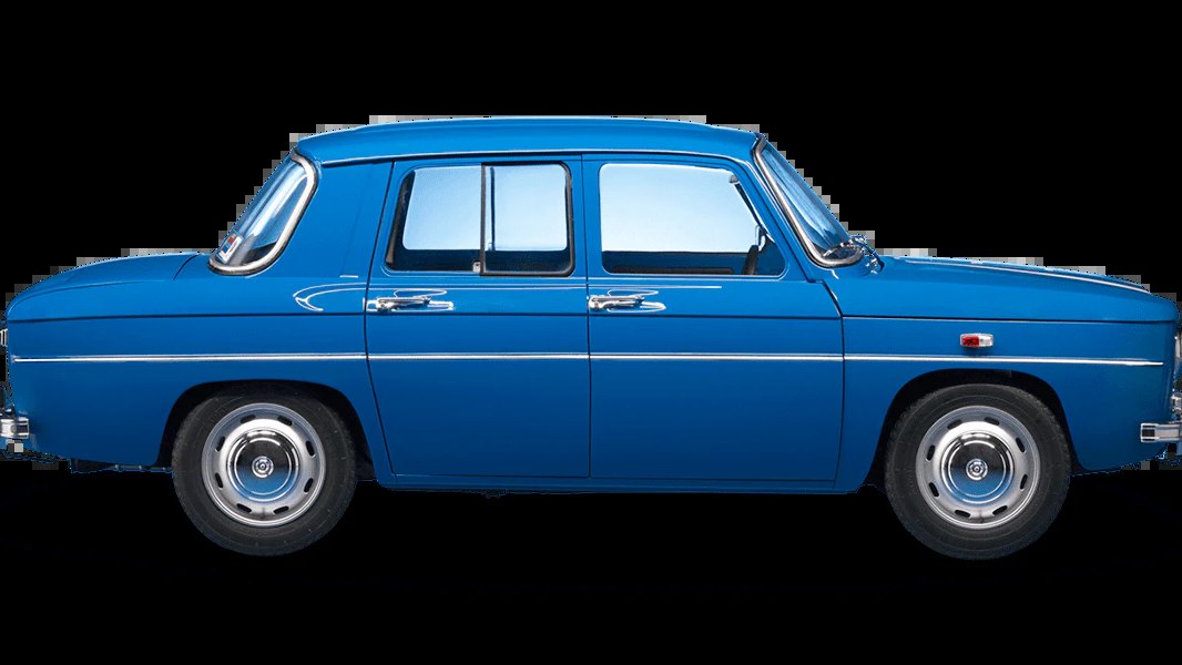 Perfil del Renault 8 Gordini azul con sus dos bandas blancas