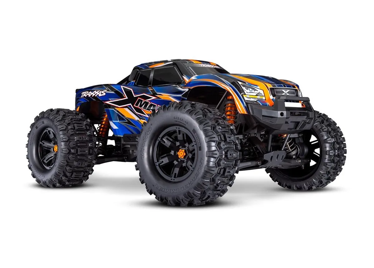 Monster truck Traxxas X-Maxx Belted naranja, vista tres cuartos frontal