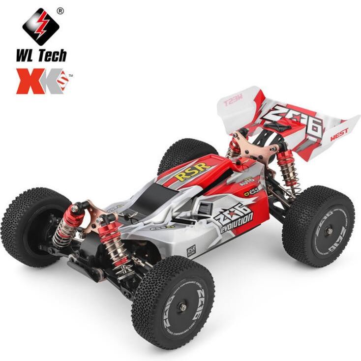 Buggy WLtoys 144001 rojo a escala 1/14 con los amortiguadores metalicos a la vista